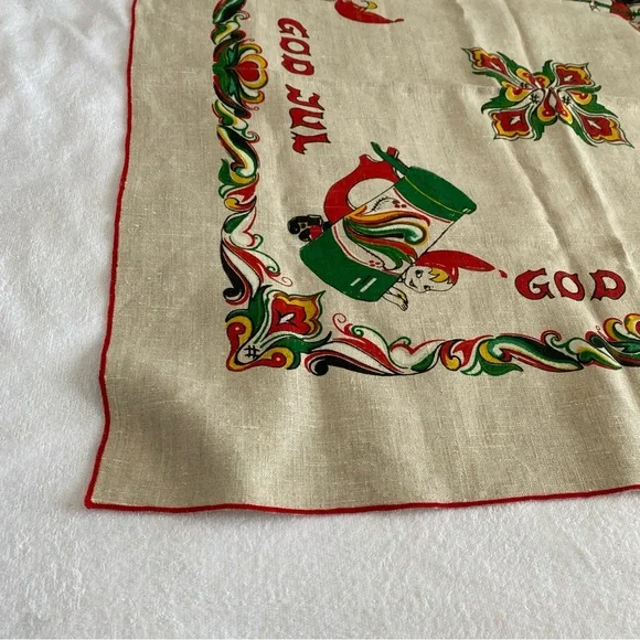 Vintage Norwegian Merry Christmas God Jul Linen Square Table Cloth - Picture 2 of 7